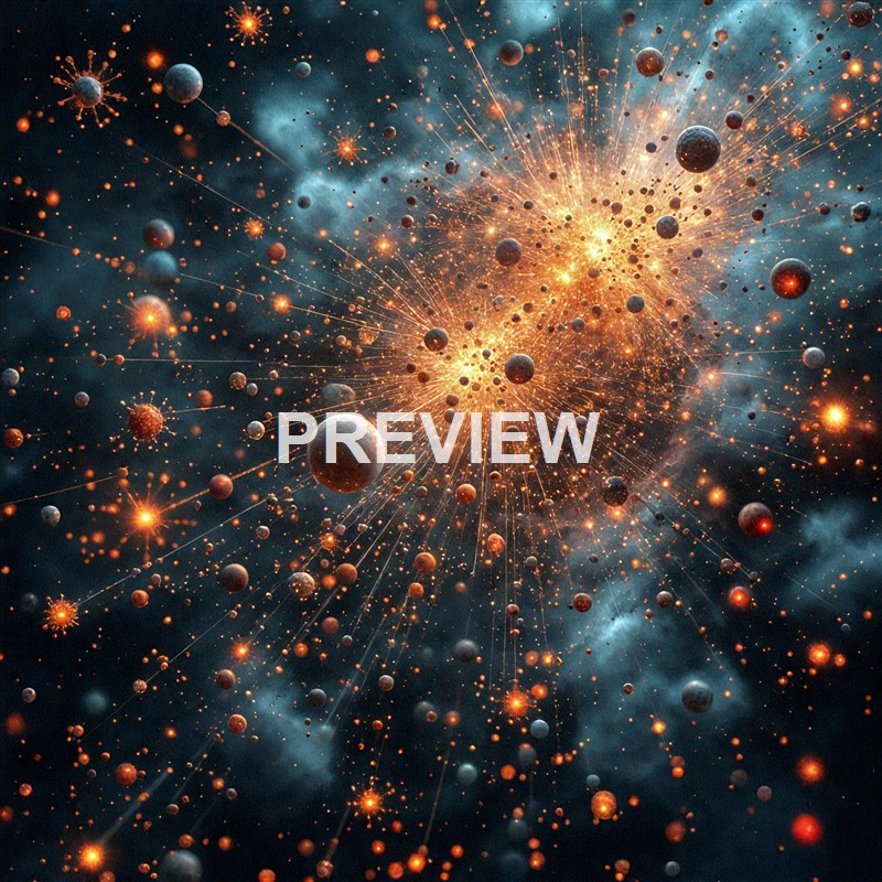 An abstract image depicting a cosmic explosion with numerous glowing particles, stars, and celestial bodies radiating outward in a vibrant display of light and color.